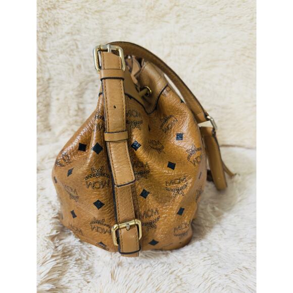 MCM Leather Drawstring Bucket Bag - Visetos Cognac - Picture 6 of 14